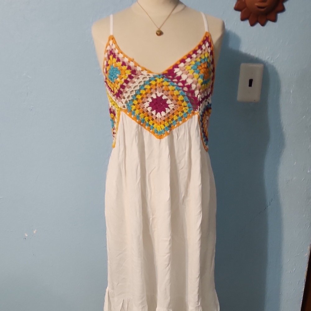 Raviya White Crochet Midi Dress with Multicolor Accents